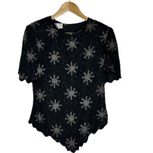 VTG Laurence Kazar Silk Black Silver Beaded Snowflakes Zipper Holidays Top L